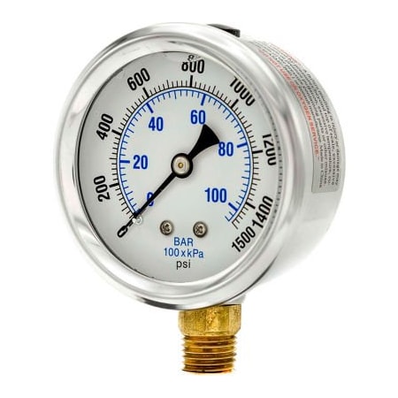 Engineered Specialty Products, Inc Pic Gauges 2-1/2" Vacuum Gauge, Liquid Filled, 1500 PSI, Stainless Case, Lower Mount, PRO-201L-254N PRO-201L-254N